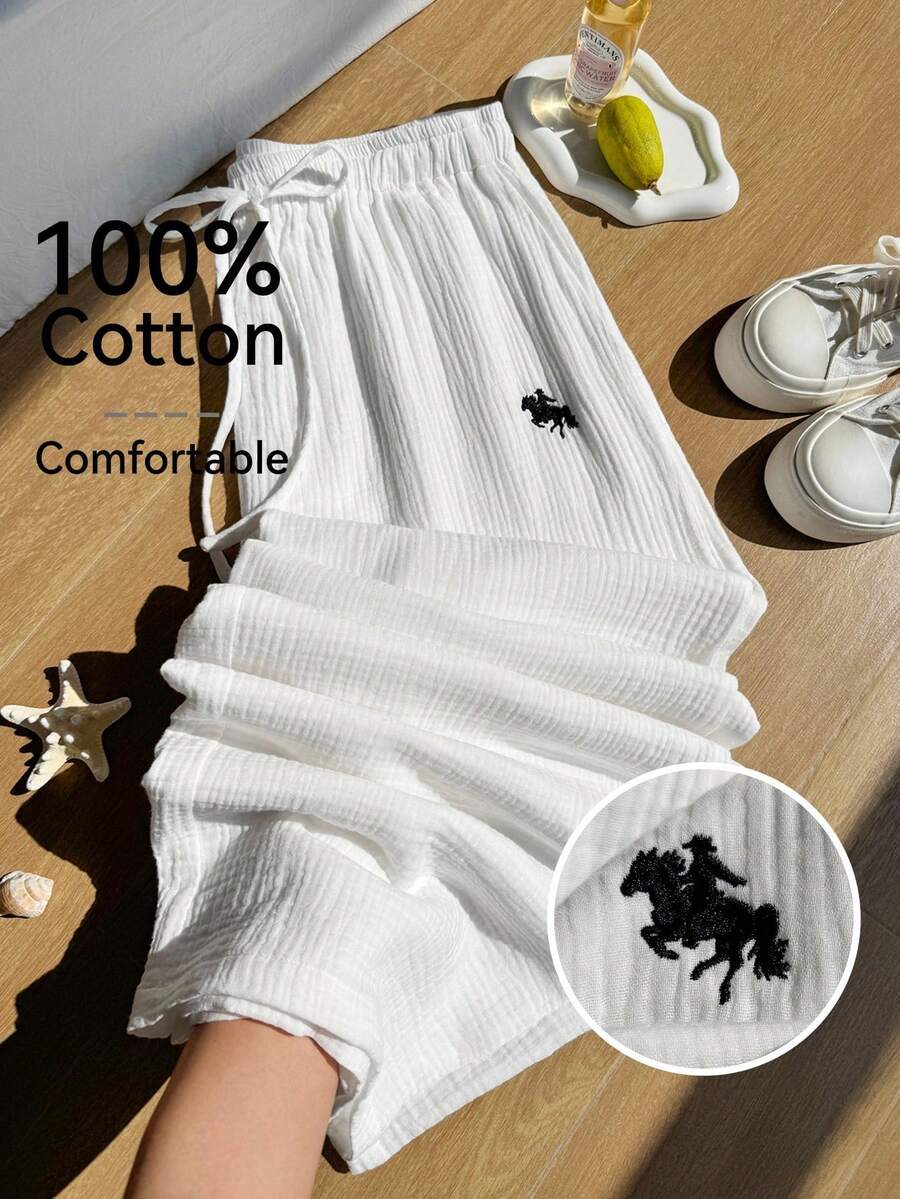 SHEIN EZwear 夏季纯色褶皱纹理面料宽松抽绳腰带休闲度假阔腿裤，大码 - 白色 - 查看 1