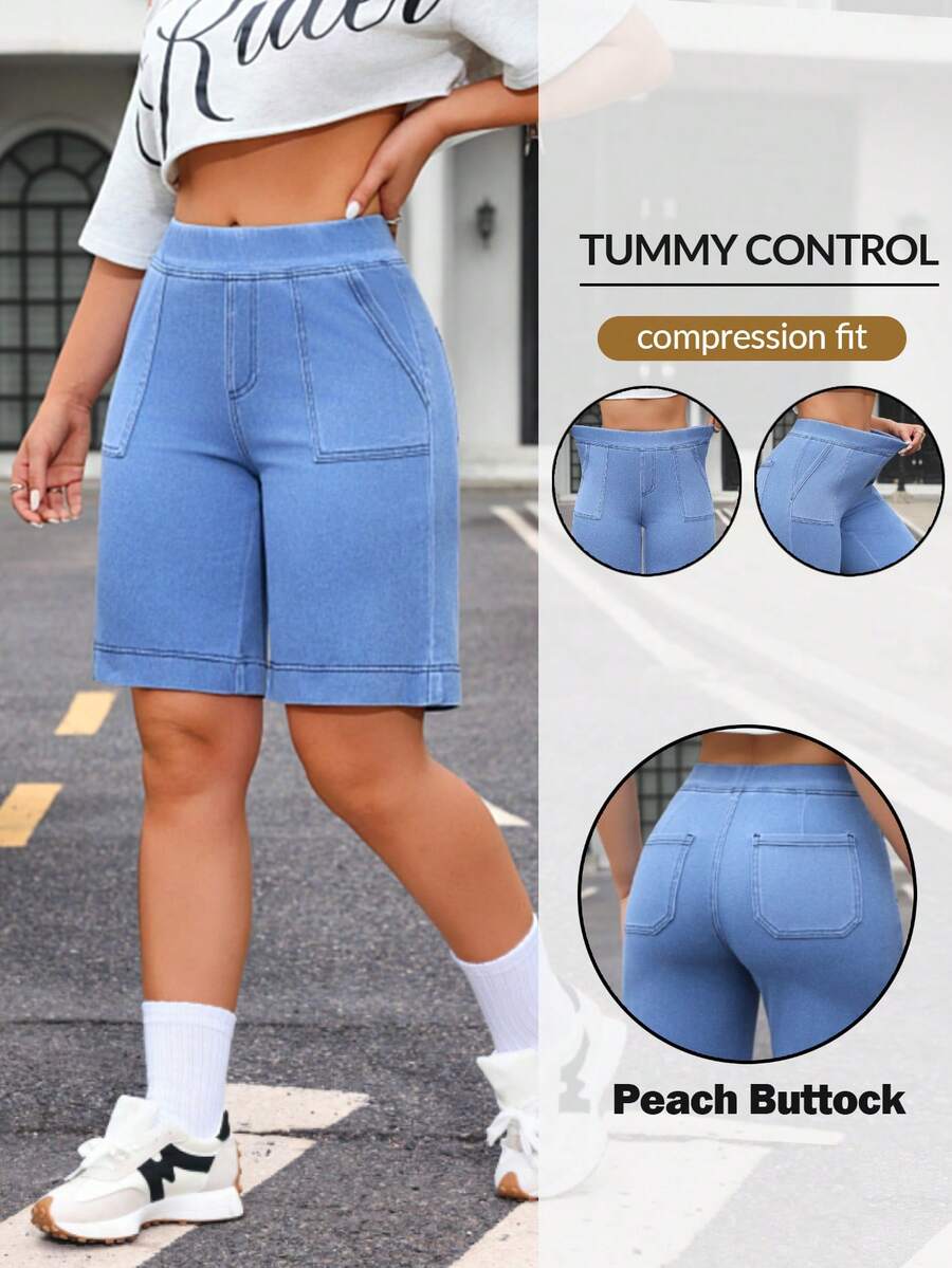 Flexra Women's Elastic Waist Pocket Casual Versatile Denim Shorts - Blue - View 1