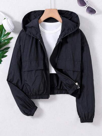 Tween Girl Plain Drop Shoulder Long Sleeve Utility Pocket Zip Front Hoodie Jacket