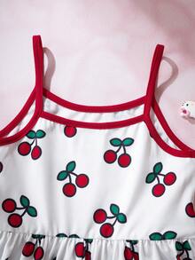 HELLO KITTY AND FRIENDS | SHEIN 年轻女孩夏季休闲度假卡通樱桃字母图案撞色包边连衣裙 - 紅白色 - 查看 7