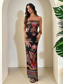 SHEIN Tall 女士夏季棕榈树印花修身吊带连衣裙，适合度假、返校、休闲、办公、约会、婚礼、与朋友下午茶、邮轮度假等场合。热带印花连衣裙，女士长款连衣裙，无肩带长款连衣裙，女士长款度假连衣裙，性感长款连衣裙，波西米亚风长款连衣裙。 - 黑色 - 查看 6