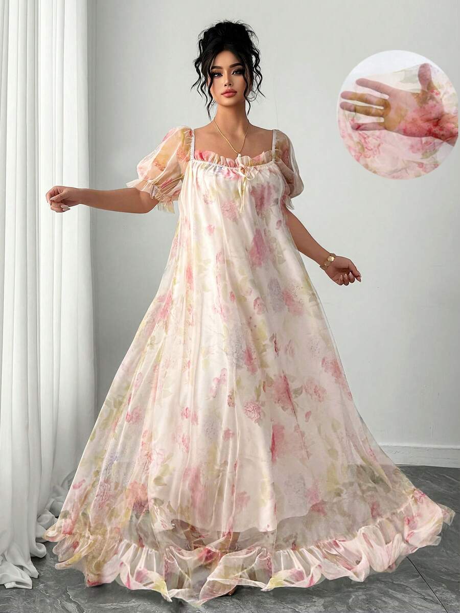 Elenzga Đầm ngắn tay bồng hai lớp thêu hoa thanh lịch dành cho nữ cỡ lớn - Màu be - Xem 1