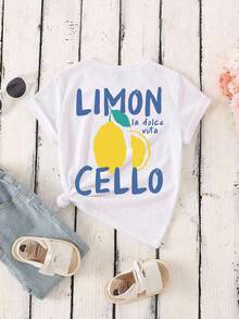 Young Girl Round Neck Letter & Lemon Print Casual Versatile Daily Wear Short Sleeve T-Shirt - White - View 2