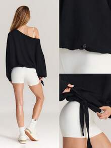 GLOWMODE SoftSerene Modal Own Your Flow Soft Silky-Smooth Breathable Waist Length Adjustable Drawstring Hem One-Shoulder Pullover Sweatshirt Daily Casual Wear - Black - View 7