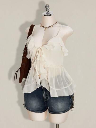 SHEIN ICON Plus Size Women Ruffled Chiffon Spaghetti Strap Top, Apricot Color