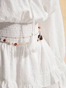 SHEIN ICON Đầm chữ A dáng xòe xếp ly, cổ chữ V, thắt eo, cỡ lớn, phong cách boho, thích hợp mặc đi nghỉ mát, mùa xuân. - Màu be - Xem 7