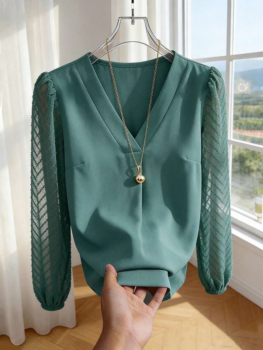 Franclia Áo sơ mi nữ dài tay cổ chữ V màu trơn, thanh lịch, thích hợp cho công sở. - màu xanh lá - Xem 1