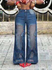 Slaydiva Women's Fashion High Waist Wide Leg Washed Denim Jeans - Blue - View 1