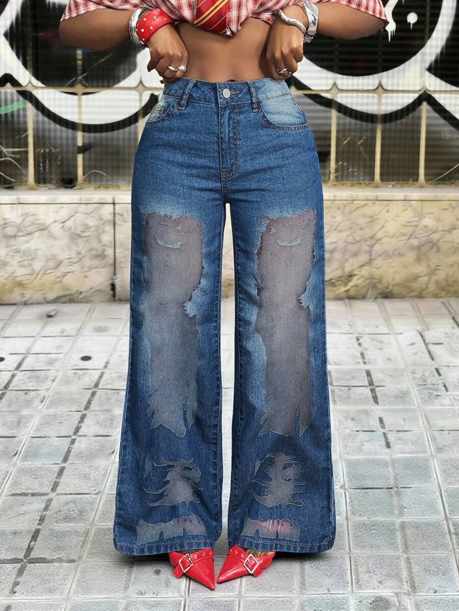 Slaydiva Women's Fashion High Waist Wide Leg Washed Denim Jeans - Blue - View 1