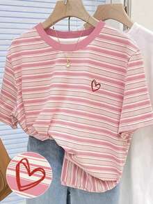 SHEIN 女童休闲条纹爱心印花圆领常规T恤，百搭甜美风格，适合春夏日常穿着和外出活动 - 彩色 - 查看 7