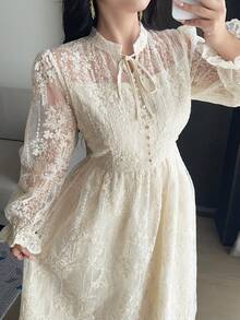 Dazy Plus Plus Size Women's Elegant Lace Tie-Up Party Dress, Spring/Summer - Apricot - View 2