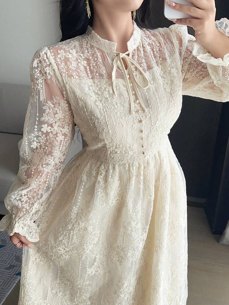 Dazy Plus Plus Size Women's Elegant Lace Tie-Up Party Dress, Spring/Summer Sun Dresses For Women