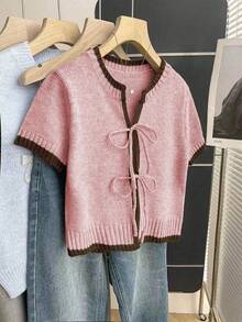 SHEIN Franclia Áo len cổ tròn tay ngắn dáng rộng thoải mái, màu kaki, thiết kế buộc dây phía trước và viền tương phản, thích hợp cho mùa xuân/hè. Áo len nữ, áo cardigan len tay ngắn, áo tay ngắn dễ thương, áo len nữ buộc dây, áo nữ dễ thương. - Hồng - Xem 3