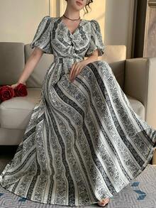 DAZY 女士优雅印花花瓣袖扭结连衣裙，夏季 - 黑與白 - 查看 7