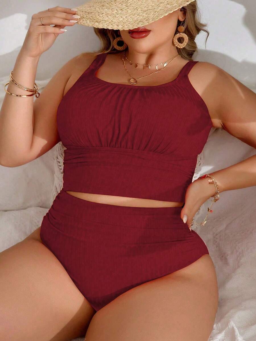 Swim Lushoire Boho Plus Size Burgundy Rib Knit Sleeveless Tankini Set With Ruched Bust Bandeau Top And Plain High Waisted Bottom - Burgundy - View 1