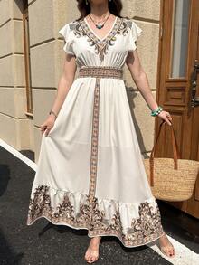 Solivie 女士优雅褶皱短袖抽绳腰水果印花连衣裙，春夏度假连衣裙 - 彩色 - 查看 4