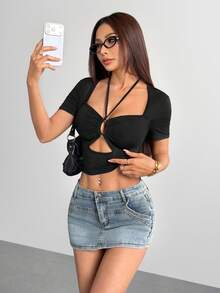 Lyxana Black Summer Seksi Chic Club Halter Tie Metal Buckle Pleated Hollow Highlight Short Sleeve T-Shirt,Suitable For Music Festival,Party,Vacation - Black - View 6
