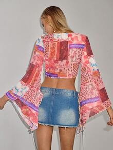 SHEIN ICON 女士度假风拼接图案前系结喇叭袖短款性感衬衫 - 彩色 - 查看 2