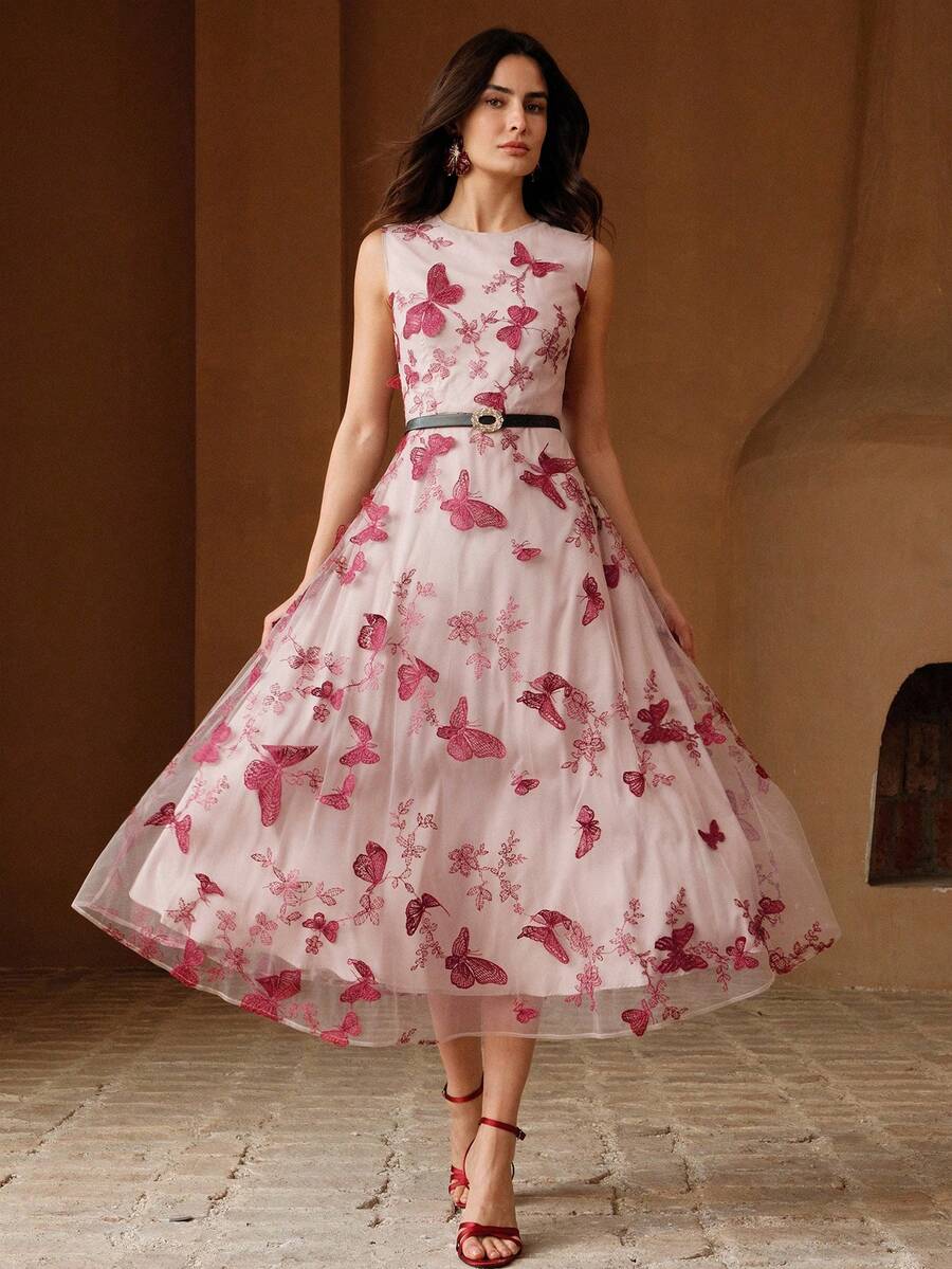 Anewsta 红色3D蝴蝶优雅无袖收腰网纱连衣裙 - 酒紅色 - 查看 1