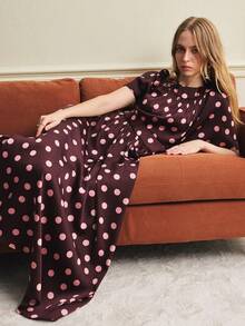 Écloséra New 2026 French Retro Round Neck Polka Dot Women's Long Dress, Elegant Dress, Holiday Outfit, Summer Vacation Outfit, Casual Dress, Luxury Dress, Brown Dress, Elegant Party Dress, Summer Outfit Summer Outfit For Women - Burgundy - View 3