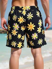 Manfinity Swimmode Quần short nam dáng casual, in họa tiết hoa, có dây rút, thích hợp mặc đi biển. - màu đen - Xem 3