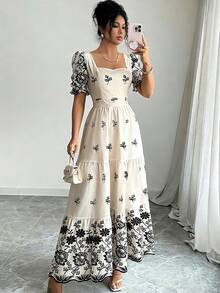 Elenzga 女士优雅印花甜心领花瓣袖层叠下摆连衣裙，度假风 - 彩色 - 查看 6