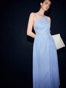 Lumivelle 女士夏季时尚不对称领露背连衣裙 - 淺藍色 - 查看 7