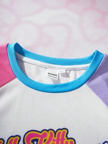 HELLO KITTY AND FRIENDS | SHEIN 少女可爱卡通猫印花休闲圆领插肩袖舒适T恤 - 彩色 - 查看 3