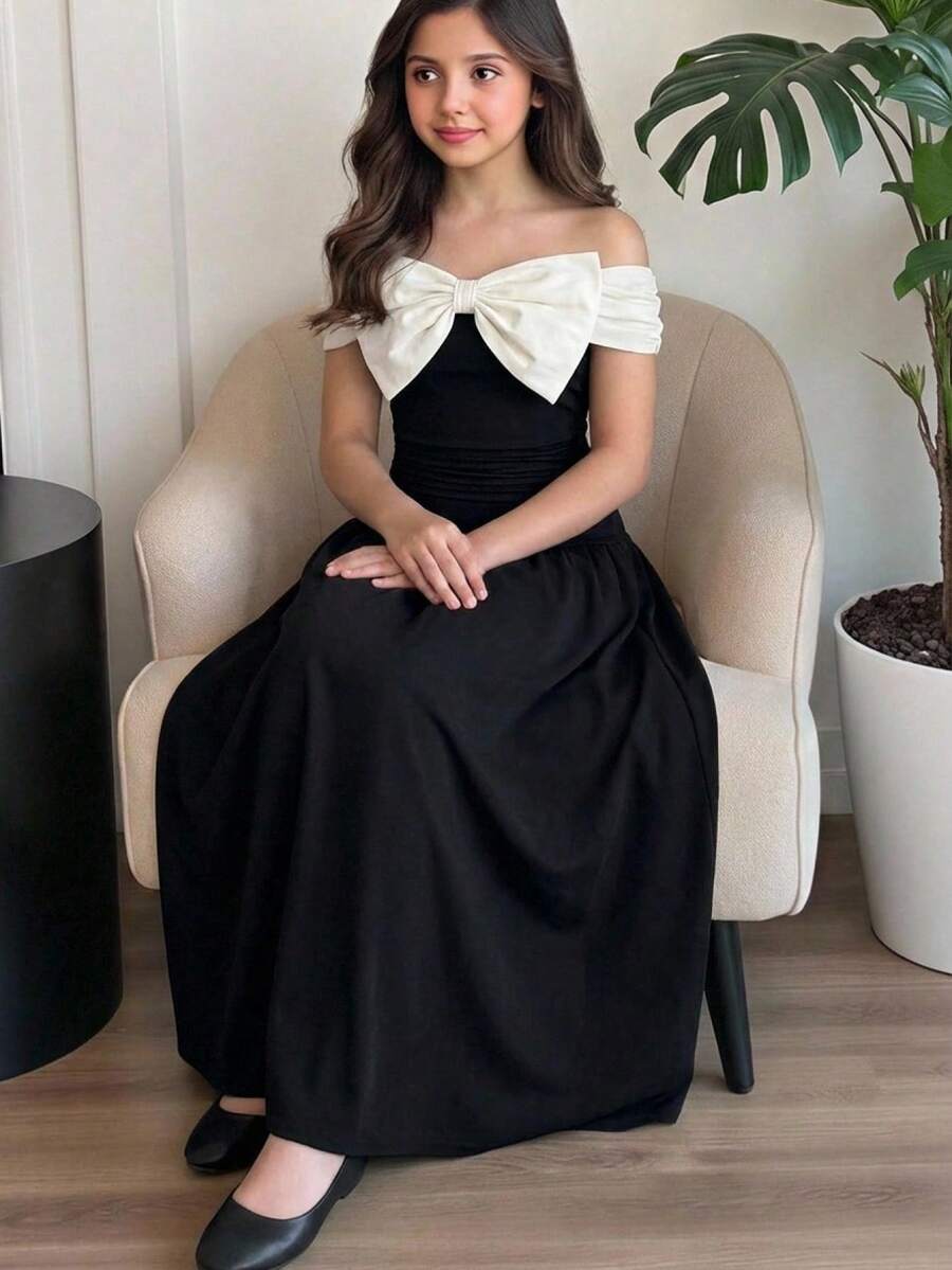 SHEIN Tween Girl Spring/Summer Casual Elegant Commuter Color Block Off-Shoulder Big Bow Decor Fitted Pleated Maxi Knit Solid Dress, Black & Apricot - Black - View 1