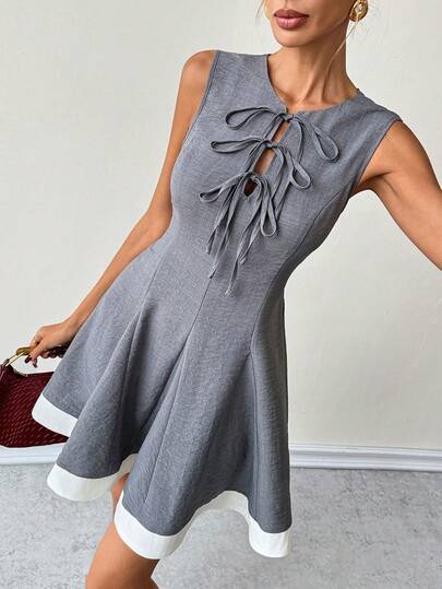 Ritzy Row Vestido feminino elegante com amarração na cintura e sem mangas com laço, ideal para o verão.