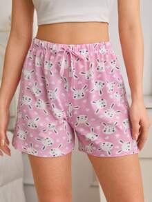 SHEIN Women PLUS SIZE Cotton 2 Pcs Fake Drawstring Detail Cute Rabbit Patterned Shorts Sleep Bottoms Shorts Homewear Set - Multicolor - View 4
