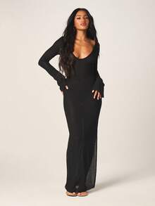 MISSGUIDED Women's Long Sleeve Black Textured Maxi Dress With Deep V Neckline Side Slit Beach Night Cover Up Knit Style Summer Sexy - Black - View 4