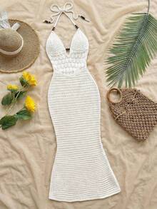 Soleia Women's Vacation Casual Backless Halter Knit Dress Crochet Maxi Dress Summer Maxi Dress Beach Maxi Dress Crochet Dress Vacation Dress In Fall/Winter - White - View 4