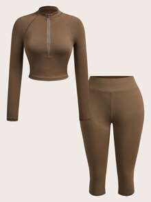 Slaydiva Neuer Frühlingsanfang, Frühlings- und Sommerfestival, Valentinstag, Ostern Lässig, einfacher und Basic Stil, Y2K Street Sweet, tägliches Date, Hot Girl Stil, sexy, sportlich und stilvoll, kleiner Stehkragen, halbe Öffnung Revers, Reißverschluss Stil, langärmliges Top + enge Hose, 3/4 Hose, Hasselblad Faden Dekoration, graubraunes Set für Frauen, Zweiteiler - Kaffeebraun - Übersicht 6