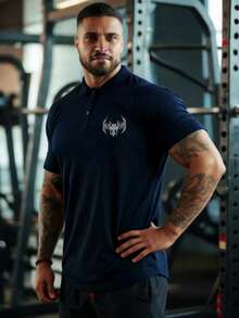 GymBeat 男士十字印花休闲百搭通勤短袖Polo衫 - 藏蓝色 - 查看 3