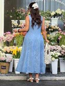 GalTyme Plus Size Women Casual Light Blue Denim Dress,Summer Everyday Smart Casual Chic Elegant Y2k,For Date,Commute,Party,Wedding,Beach,Vacation,Fall - Blue - View 2