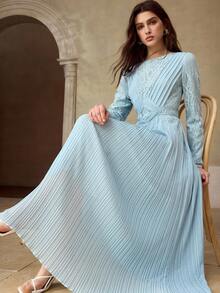 MOTF PREMIUM Đầm chiffon ren tương phản màu xanh dương, xếp ly, phối ren, dành cho nữ, mùa xuân/hè, kiểu dáng thanh lịch, ôm sát. - Màu xanh nước - Xem 2