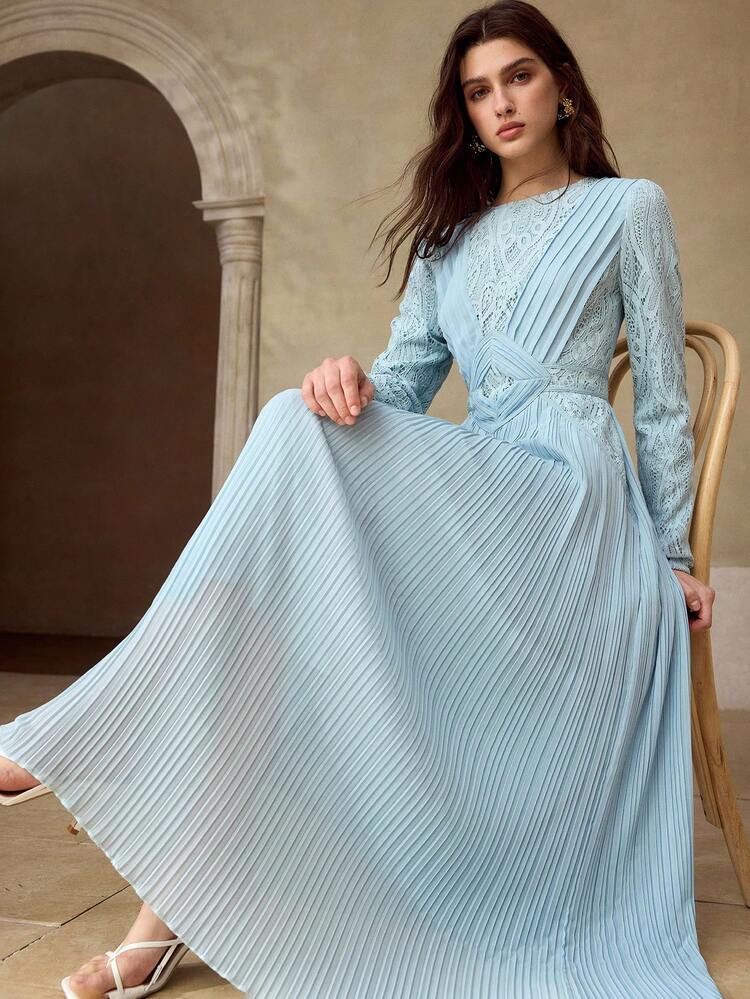 WOMEN'S SPRING/SUMMER BLUE PLEATED CONTRAST LACE CHIFFON DRESS, ELEGANT FITTED SILHOUETTE