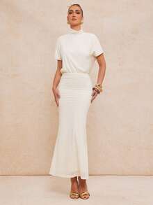 Lumalex 女士纯色露背褶皱修身优雅连衣裙 - 杏色 - 查看 10