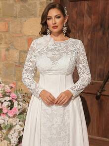 Aureia Plus Size Elegant Luxurious Pearl Beaded Lace Patchwork Elastic Knit Mermaid Maxi Dress, Round Neck Long Sleeve Sheer 3D Floral Decor Trailing Dress, Suitable For Wedding, Party, Holiday, Bridal - White - View 7