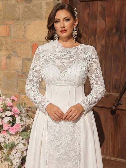 Aureia Plus Size Elegant Luxurious Pearl Beaded Lace Patchwork Elastic Knit Mermaid Maxi Dress, Round Neck Long Sleeve Sheer 3D Floral Decor Trailing Dress, Suitable For Wedding, Party, Holiday, Bridal