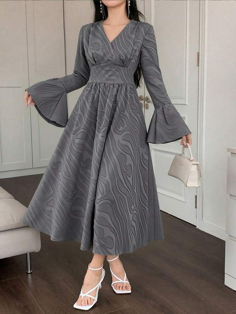 Women's Elegant Jacquard Ruffle Sleeve Cinched Waist Dress, Spring/Autumn Sundress