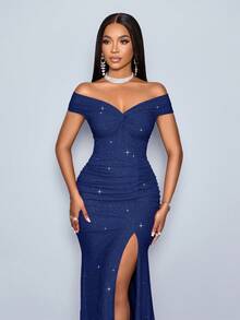 SOLERSUN Elegant Navy Blue Twisted Off Shoulder Backless Strap High Slit Mermaid Dress, Summer Metallic Sheen Maxi Women Outfit For Christmas Party Dining - Blue - View 4