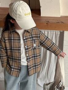 Dazy Kids Áo sơ mi dài tay kẻ caro dáng rộng cho bé gái, thích hợp mùa thu/xuân. - Hồng - Xem 5