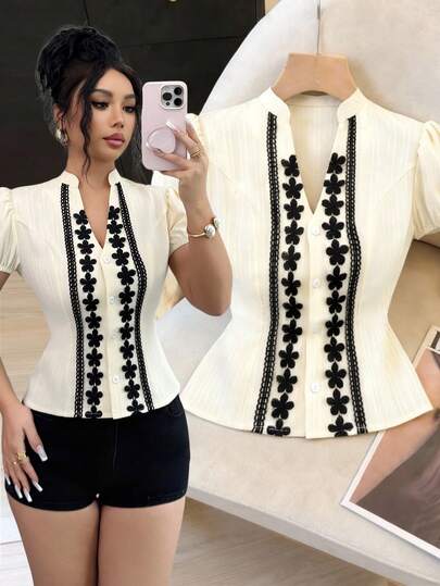 Elenzga Elegant Urban Chic New Women's Spring/Summer Apricot Collar Puff Sleeve Contrast Ruffle Textured Fabric Short Sleeve Blouse, Suitable For Daily Wear, Weddings, Galas, Commute, Graduation Parties, Holidays, Vacations, Dates, Parties, Halloween, Christmas, New Year, Thanksgiving, Bridal Wear