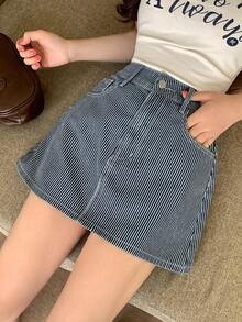 DAZY Falda vaquera recta y corta de rayas casuales para mujer, de verano - Azul lavado medio - Ver 9