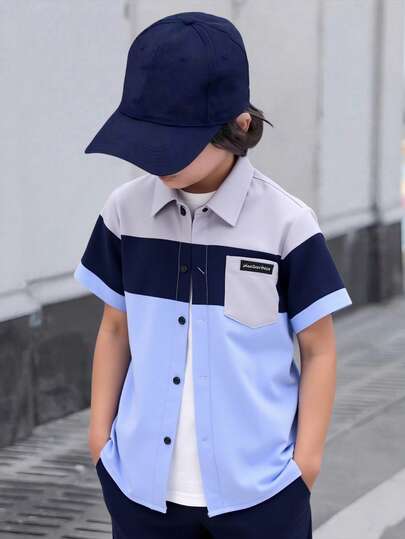 1pc Boy's Summer New Casual Contrast Color Design Lightweight Grey, Navy Blue, Light Blue Patchwork Short Sleeve Shirt, Classic Collar, Slim Fit, Utility Style Pocket Decor, Versatile Daily Wear, Fashionable For Teenage Boys