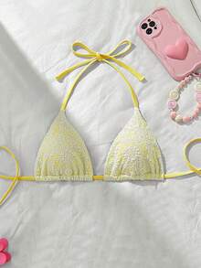 Swim Mod 女士沙滩夏季泳装，花卉纹理面料挂脖式沙滩度假比基尼泳衣上装，黄白三角比基尼上衣 - 彩色 - 查看 2