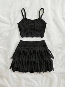 Soleia Women's Knit Camisole Top And Knitted Blend Mini Skirt Casual 2 Pieces Set - Black - View 2