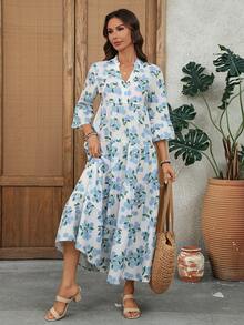 EMERY ROSE 女士度假植物印花喇叭袖荷叶边下摆连衣裙 - 彩色 - 查看 3